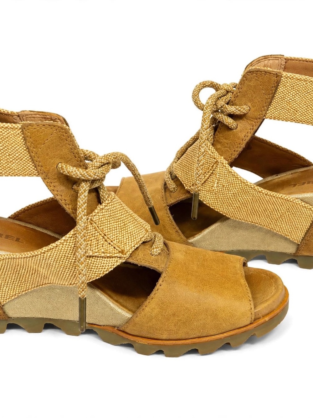 Sorel Tan Lace Up Open Toe Wedge Sandals Size 8 Boho Summer